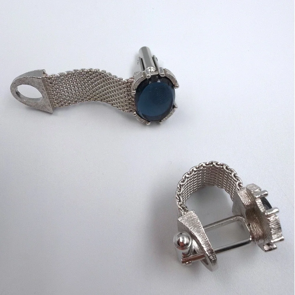 1970 Vintage Swank Blue Cabochon Cufflinks Silver Tone Mesh Wrap Retro Mod Mens
